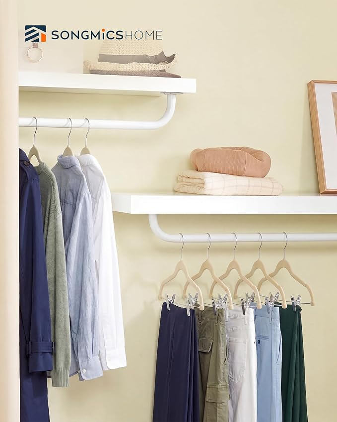 SONGMICS HOME Velvet Pants Hangers with Adjustable Clips, Non-Slip Space-Saving Clothes Hangers, 30 Pack, Shoulder Notches for Skirts, Beige