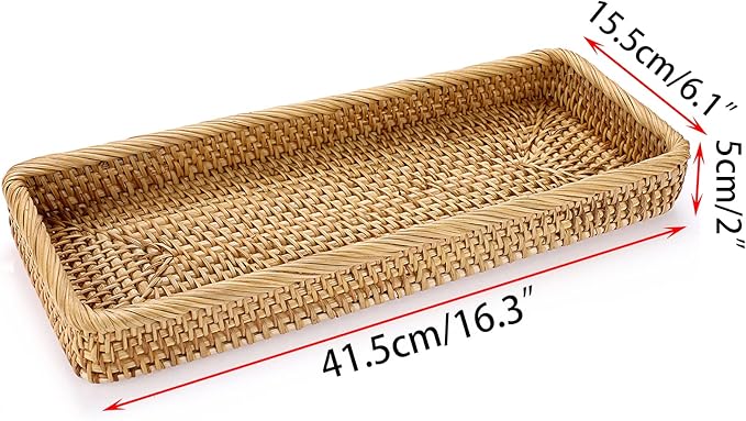 Sumnacon 16 Inch Rattan Bathroom Vanity Tray - Decorative Wicker Toilet Tank Tray for Paper Hand Towel, Vintage Storage Basket Bin for Bathroom Kitchen Toilet Tank Vanity Countertop Table Shelf