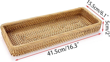 Sumnacon 16 Inch Rattan Bathroom Vanity Tray - Decorative Wicker Toilet Tank Tray for Paper Hand Towel, Vintage Storage Basket Bin for Bathroom Kitchen Toilet Tank Vanity Countertop Table Shelf
