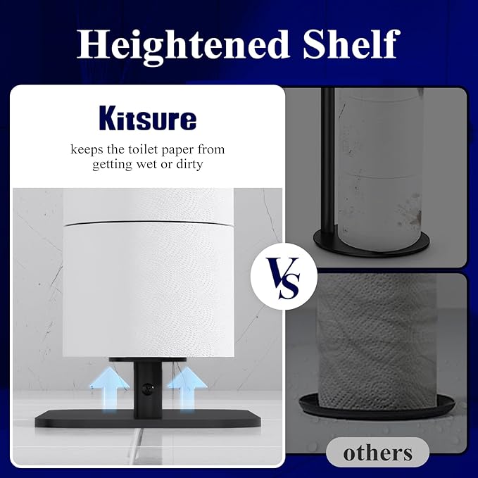 Kitsure Toilet Paper Holder Free Standing – Rustproof Metal Toilet Paper Stand for 4 Rolls with Anti-Slip Base and Shelf for Phone & Small Items, Bathroom Organizers and Storage, Medium, Black, 2Pack
