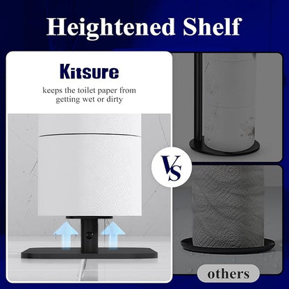 Kitsure Toilet Paper Holder Free Standing – Rustproof Metal Toilet Paper Stand for 4 Rolls with Anti-Slip Base and Shelf for Phone & Small Items, Bathroom Organizers and Storage, Medium, Black, 2Pack