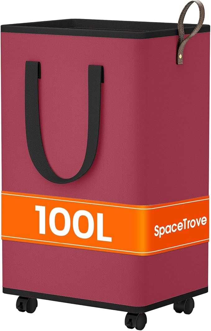 SpaceTrove Laundry Basket with Wheels, Collapsible Laundry Baskets, Laundry Hamper with Handles Detachable Wheels, Rolling Laundry Basket, Dirty Clothes Hamper for Bathroom, Dorm, Bedroom, Red, 100L