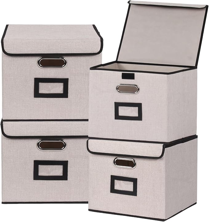 Large Square Storage Bin with Lid, Foldable Organizer Box with Handles & Label Design, for Office, Closet, Home, Documents, Grey, 12.20 x 10.63 x 10.63 Inches, 4 Pack