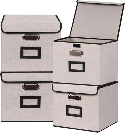 Large Square Storage Bin with Lid, Foldable Organizer Box with Handles & Label Design, for Office, Closet, Home, Documents, Grey, 12.20 x 10.63 x 10.63 Inches, 4 Pack