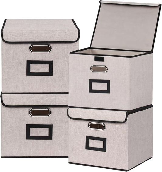 Large Square Storage Bin with Lid, Foldable Organizer Box with Handles & Label Design, for Office, Closet, Home, Documents, Grey, 12.20 x 10.63 x 10.63 Inches, 4 Pack