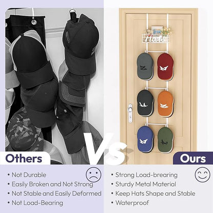 SWTYMIKI Over Door Hat Organizer - Wall Mounted Hat Rack with 6 Hooks and Metal Basket Design, Hanging Baseball Cap Organizer Storage Holds Up to 32 Caps for Door, Bedroom, Closet(White)