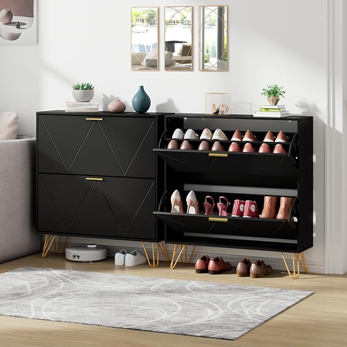 JOZZBY Shoe Cabinet for Entryway, Black Narrow Shoe Storage Cabinet with 2 Flip Drawers, Wooden Hidden Freestanding Shoe Rack Organizer for Hallway, Living Room
