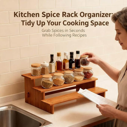 JinDoWin Cabinet Spice Organizer, Spice Organization for Cabinet, 3 Tier Spice Rack Organizer for Cabinet, Seasoning Organizer & Seasoning Rack, Kitchen Cabinet Organizer (1, Dark Bamboo)