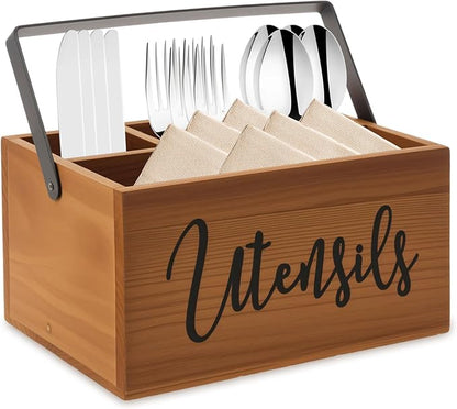 Utensil Holder, Silverware Organizer with Handle, Wooden Kitchen Utensil Caddy, 4 Compartmen Cutlery Holder Flatware Caddy, Spoon Holder, Versatile Organizer for Kitchen Counter Party Picnic Camping