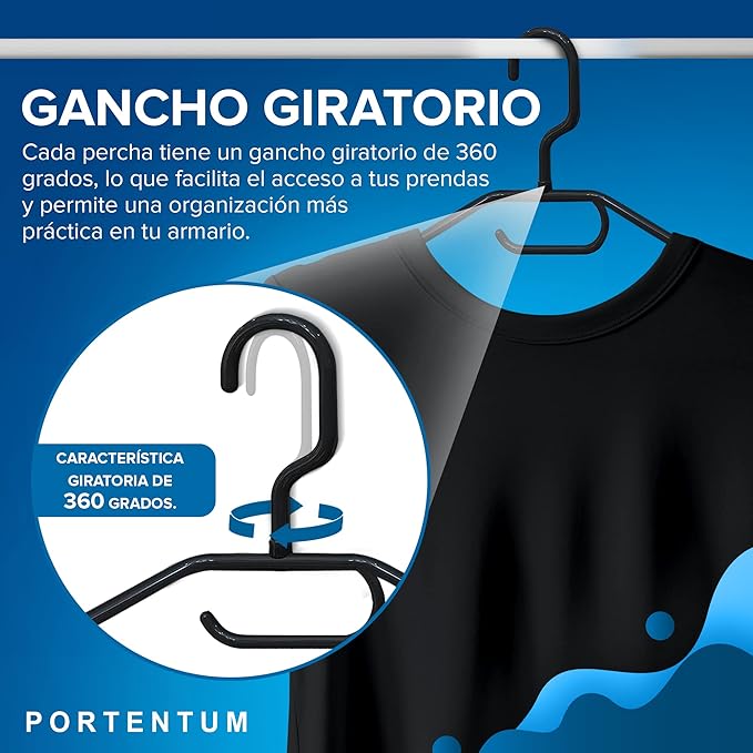 PORTENTUM Pack of 10 Plastic Hangers for All Types of Clothes – 100% Recycled Plastic - 360º Swivel Hook - Space Saving - Accessory Holder - Hooks for Dresses and Blouses - Black - Made in Spain