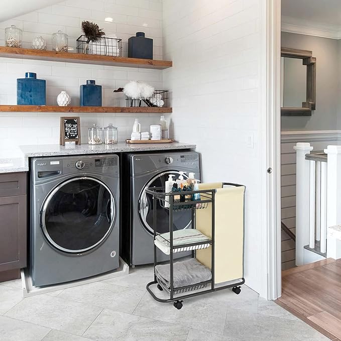 Rolling Laundry Basket with 3 Storage Baskets and 45 L Bag, Heavy Duty Laundry Cart with Wheels and Handle, Space Saving Laundry Room Organization for Bathroom Living Room Apartment Dorm