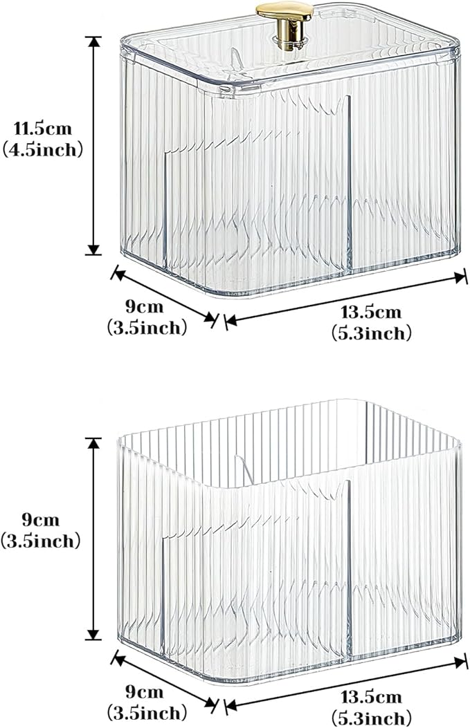 Qtips Holder Bathroom Container, 3-Section Bathroom Organizer Dispenser ,3 Grids Cotton Ball/Swab/Pad Holder ,Jar Organizer Cosmetics Storage for Vanity Clear