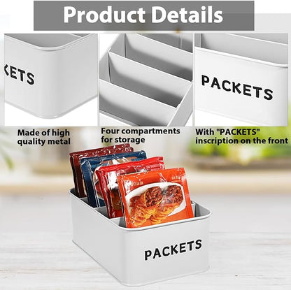 BSTKEY Seasoning Packet Organizer, Food Storage Organizer with Divided 4 Compartments, Metal Storage Caddy for Kitchen Pantry Cabinet, Kitchen Organization Bin for Snacks Spice Packets, White
