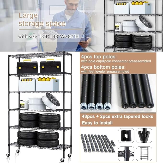 Storage Shelves with Wheels 6 Tier Wire Shelving Adjustable Metal Shelving Unit Heavy Duty NSF Shelf Capacity 2100lbs for Garage Racks, Kitchen, Closet, Commercial (45"x18"x82", Black)
