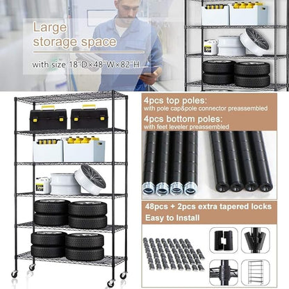 Storage Shelves with Wheels 6 Tier Wire Shelving Adjustable Metal Shelving Unit Heavy Duty NSF Shelf Capacity 2100lbs for Garage Racks, Kitchen, Closet, Commercial (45"x18"x82", Black)