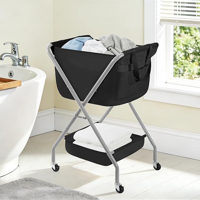 STORAGE MANIAC Collapsible Laundry Cart with Wheels 35.6"H Removable Canvas Bag Rolling Laundry Hamper Clothes Basket with Wheels, Sturdy Steel Frame Folding for Small Narrow Space Easy Storage, Black
