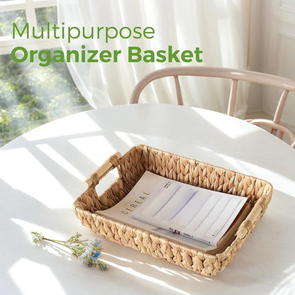 2 Pack Wicker Storage Baskets with Wooden Handles, Large Water Hyacinth Basket for Organizing Shelves, Natural Woven Storage Baskets for Snack, Gift