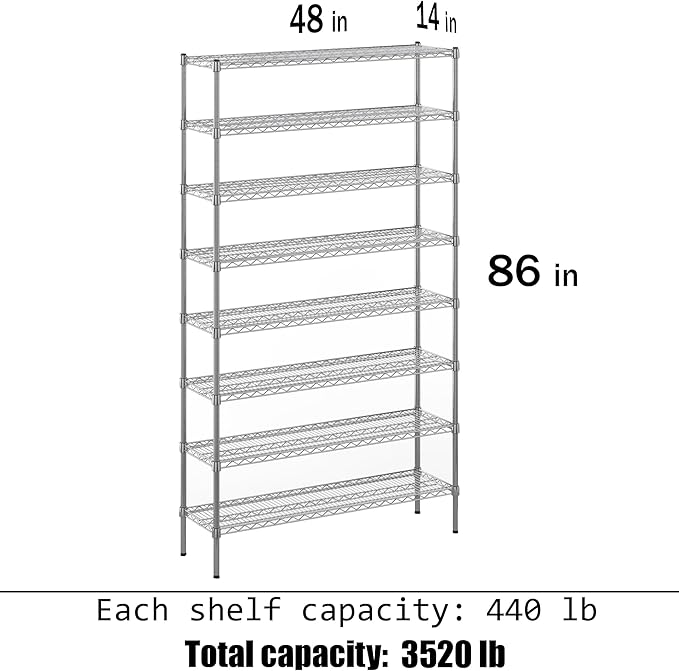 14" Deep x 48" Wide x 86" Height Wire Shelving Kit | 8-Tier | NSF Commercial Storage Rack Unit