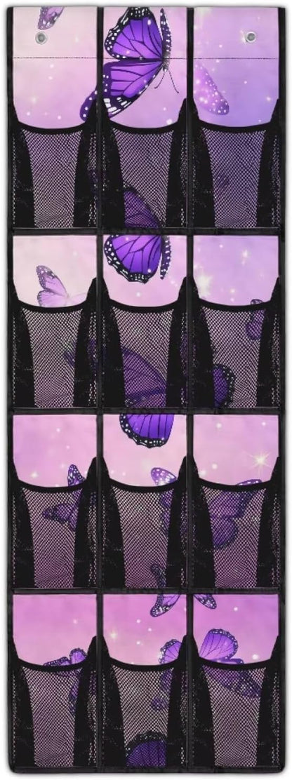 Butterfly Behind Door Organizer 12 Pockets Violet Door Hanging Shoe Organizer Space Saving Multi-Funtion Storage Bag Large Capacity Wall Hanging Storage