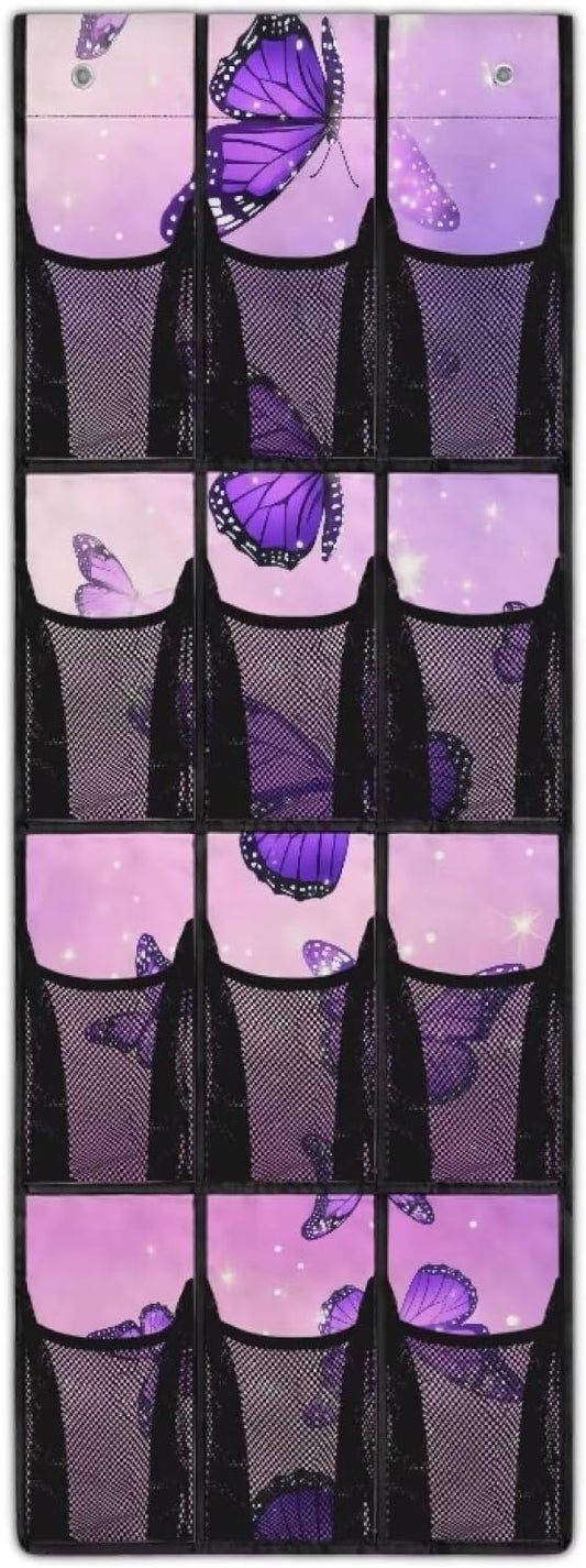 Butterfly Behind Door Organizer 12 Pockets Violet Door Hanging Shoe Organizer Space Saving Multi-Funtion Storage Bag Large Capacity Wall Hanging Storage