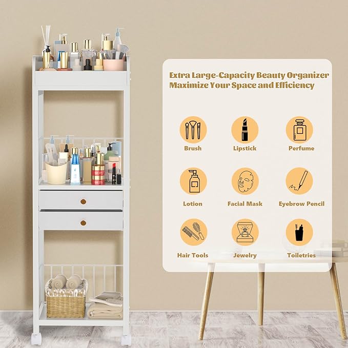 Makeup Organizer Storage Cart, Rolling Floor Skincare Organizer with 2 Drawers, Makeup Vanity Organizer Cosmetics Display Cases Holder for Skin Care, Perfume, Makeup Brush, Nail Polish, Hair Tools