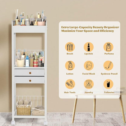 Makeup Organizer Storage Cart, Rolling Floor Skincare Organizer with 2 Drawers, Makeup Vanity Organizer Cosmetics Display Cases Holder for Skin Care, Perfume, Makeup Brush, Nail Polish, Hair Tools