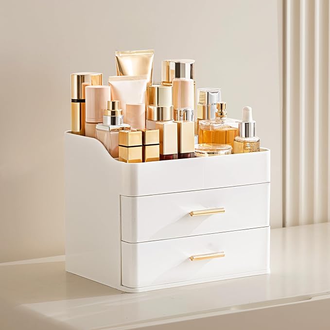 HBlife Makeup Organizer for Vanity with 2 Drawers, Large Bathroom Countertop Cosmetics Organizer Skin Care Storage, Easy to Store Lipsticks, Nail Polishes, Perfumes, Eyeshadow Palettes, All White