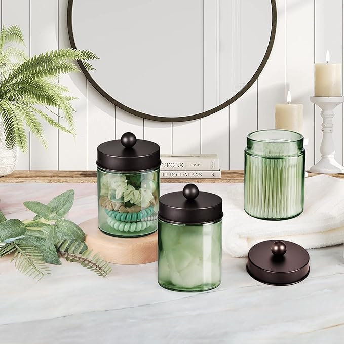 3 Pack Apothecary Jar Canisters Bathroom Vanity Organizer - Qtip Holder Storage Organizer Set Countertop Canister with Stainless Steel Lids &Cute Stickers for Qtips,Cotton Swabs,Makeup Sponges,Floss