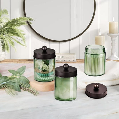 3 Pack Apothecary Jar Canisters Bathroom Vanity Organizer - Qtip Holder Storage Organizer Set Countertop Canister with Stainless Steel Lids &Cute Stickers for Qtips,Cotton Swabs,Makeup Sponges,Floss