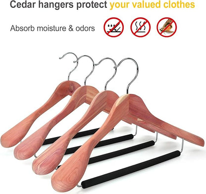 TOPIA HANGER Unfinished American Red Cedar Wood Coat Suit Hangers, Luxury Wooden Jacket Clothes Hangers, Wide Shoulder with Black Padded Pant Bar- 360°Flexible Hook, 4 Pack- Natural- CT07W