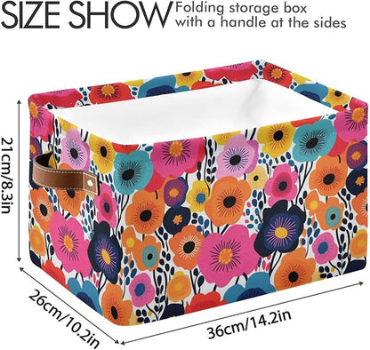 Large Storage Basket Cartoon Drawing Poppies Storage Bin Cube Canvas Fabric Organizer Handles Collapsible for Clothes Toys Bedroom Decorative