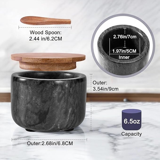 Salt and Pepper Bowl, Marble Salt Cellar and Spices Storage Container With Built-in Spoon and Acacia Wood Lid - 6.5oz Capacity (Black)