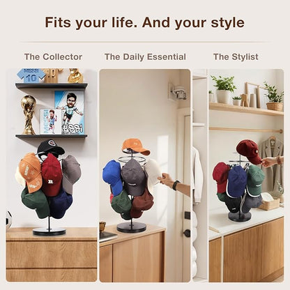 Keebofly Rotating Free Standing Hat Rack & Organizer Stand, 3-Tier Merchandise Display & Tabletop Baseball Cap Organizer Holds 40+ Caps, Portable for Vendor & Home Use in Bedroom, Closet, Entryway