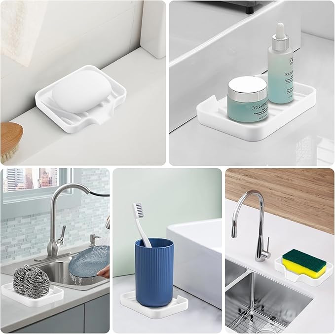 Silicone Soap Dish with Drain, SAISN Kitchen Soap Tray for Shower 2 Pack Self Draining Soap Dish Soft Bathroom Soap Holder for Kitchen Sink Flexible Portable Soap Saver, White