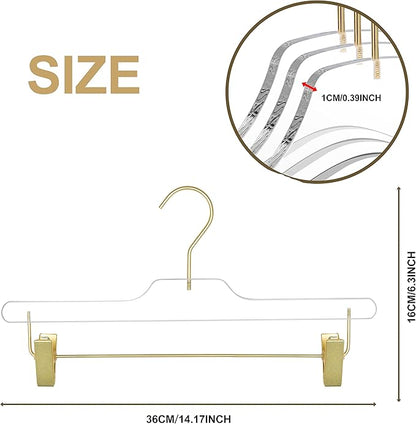 Quality Hangers Lucite Acrylic Clear Skirt Pants Trousers Bottom Hangers - 5-Pack with Adjustable Metal Matte Gold Clips - Made of Clear Acrylic for a Luxurious Look and Feel with Swivel Hook
