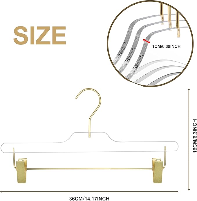Quality Lucite Acrylic Clear Skirt Pants Hangers 90-Pack, Matte Gold, with Adjustable Metal Clips, Made of Clear Acrylic for a Luxurious Look and Feel with Swivel Hook, Trousers Bottom Hangers