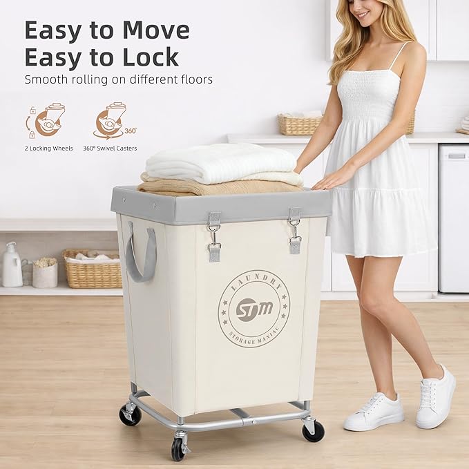 STORAGE MANIAC Commercial Laundry Hamper with Heavy Duty Steel Frame, 160 L Industrial Laundry Basket Cart with Wheels for Hotel, Home, Laundry Room, 18''L x 18''W x 31''H, Medium Beige