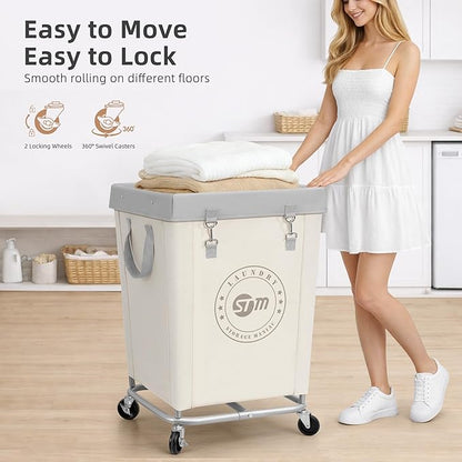 STORAGE MANIAC Commercial Laundry Hamper with Heavy Duty Steel Frame, 160 L Industrial Laundry Basket Cart with Wheels for Hotel, Home, Laundry Room, 18''L x 18''W x 31''H, Medium Beige