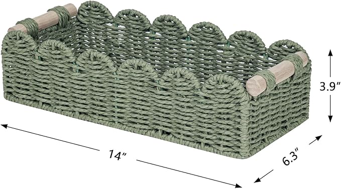 CubesLand Bathroom Basket Organizer, Toilet Tank Paper Storage Baskets 2-Pack, Scalloped Decorative Basket for Countertop w/Handle, Wicker Basket for Bathroom Decor, Home Decor, Living Room, Green