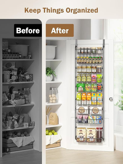 Delamu Over The Door Pantry Organizer, 9-Tier Pantry Door Organizers and Storage with Adjustable Basket, Metal Hanging Spice Rack, Seasoning Organizer, Door Organizer for Home Kitchen Bathroom, Black