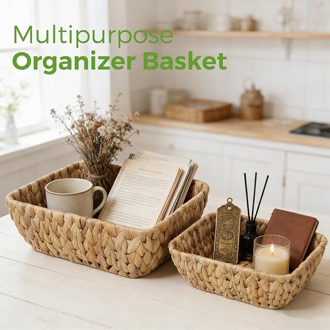 2 Pack Small Wicker Storage Baskets, Water Hyacinth Basket for Organizing Shelves, Natural Woven Storage Baskets for Snack, Gift