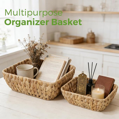 2 Pack Small Wicker Storage Baskets, Water Hyacinth Basket for Organizing Shelves, Natural Woven Storage Baskets for Snack, Gift