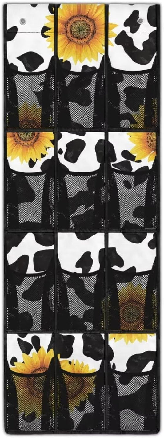 Cow Print Sunflower Over The Door Hanging Storage Pockets Space Saving Door Storage Organizer with 12 Breathable Pockets for Bedroom Bathroom