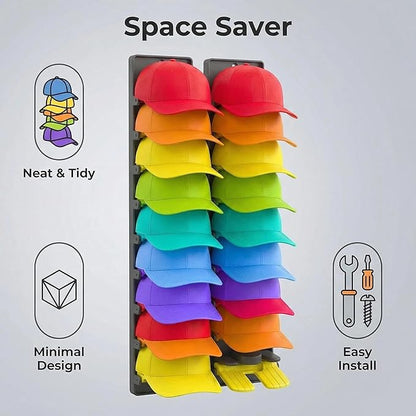 2 Packs Hat Organizer for Baseball Caps with Built-in Spring Clips - Wall Mount Closet Hat Rack Holder,Storage for Door/Closet Display Hat Racks Hanger (Strong Adhesive & Screws) Matte Black