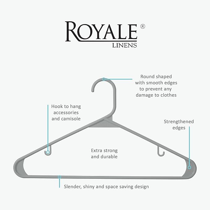 Royale Linens Plastic Hangers 40 Pack - Grey Clothes Hanger with Hooks – Heavy Duty Space Saving Coat Hangers Ideal for Everyday Use for Tops, Skirt, Dress, Shirts, Pants