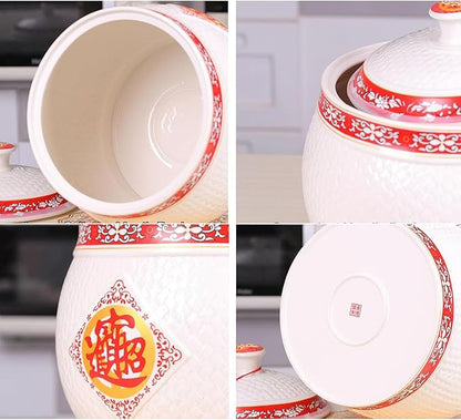Chinese Ceramic Rice Bucket, Ceramic Rice Cylinder Ceramic Jar with Lid Grain Dispenser, Large Grain Dispenser, Food Storage Container with Lid, Sealed Rice Storage Jar for Noodles Rice Snacks