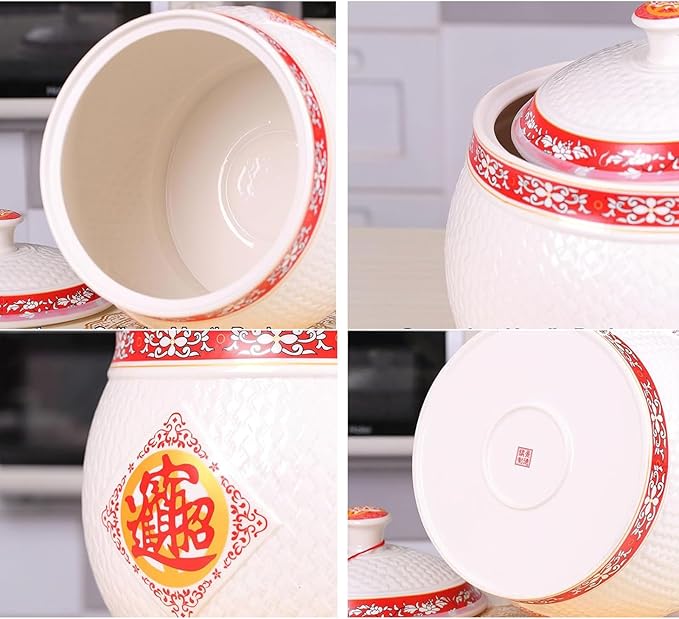 Chinese Style Ceramic Rice Canister, Large Capacity Rice Storage Container with Lid, Sealed Grain Dispenser for Rice, Noodles, Snacks