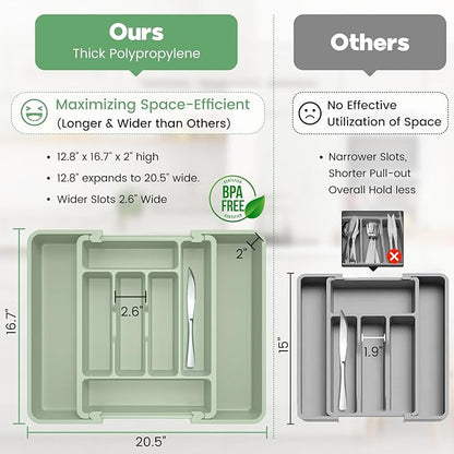 Caperci Large Silverware Organizer for Kitchen Drawer & Utensils - Expandable Drawer Organizer for Cutlery, Flatware & Gadget, BPA-Free Thick Plastic, Wider Compartments & Non-skid Feet (Sage Green)