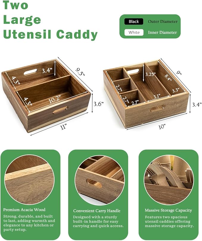 Acacia Wood Utensil Holder for Party (Set of 2) - 11" x 9.5" Utensil Caddy for Parties & Silverware Caddy for Countertop - Holds Plates, Napkins, Cups, Spoons, Forks - Kitchen Accessories