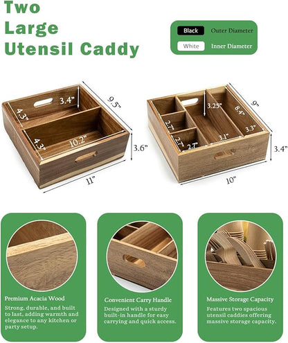 Acacia Wood Utensil Holder for Party (Set of 2) - 11" x 9.5" Utensil Caddy for Parties & Silverware Caddy for Countertop - Holds Plates, Napkins, Cups, Spoons, Forks - Kitchen Accessories